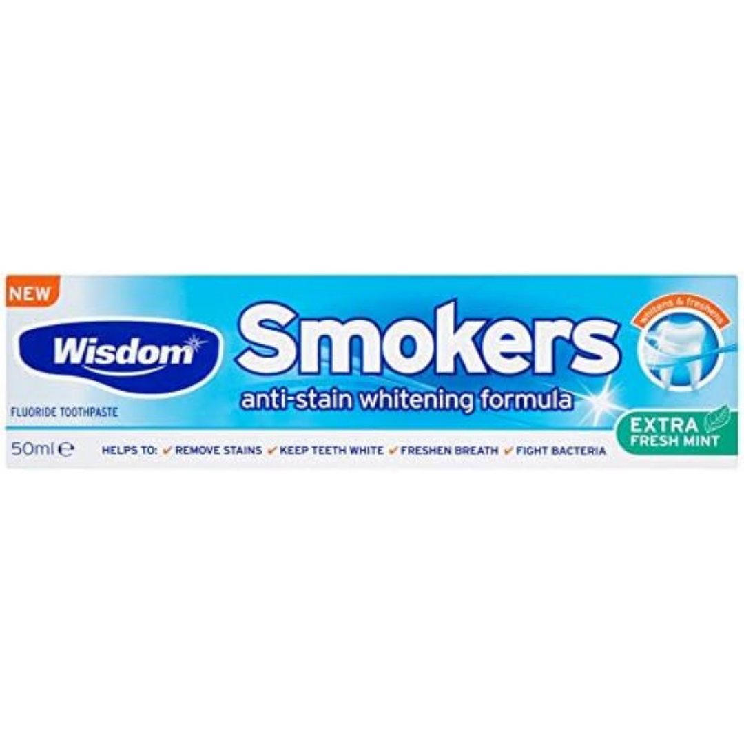 Wisdom Smokers anti-stain whitening toothpaste, 50ml tube with fresh mint label