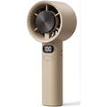 Beige mini handheld USB rechargeable fan with circular grille and digital speed display
