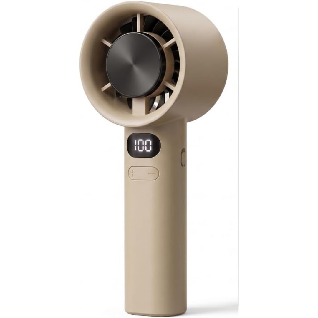 Beige mini handheld USB rechargeable fan with circular grille and digital speed display