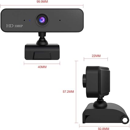 Black webcam with clip mount, front lens, and labeled size diagram