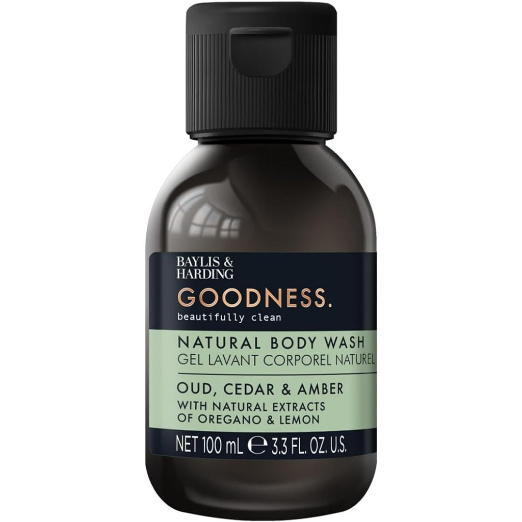 Natural body wash bottle, black with Baylis & Harding Goodness label