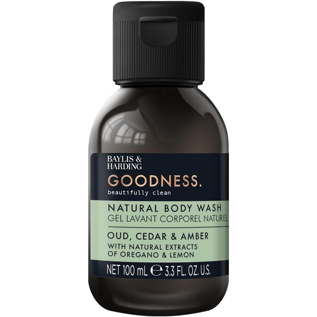 Natural body wash bottle, black with Baylis & Harding Goodness label