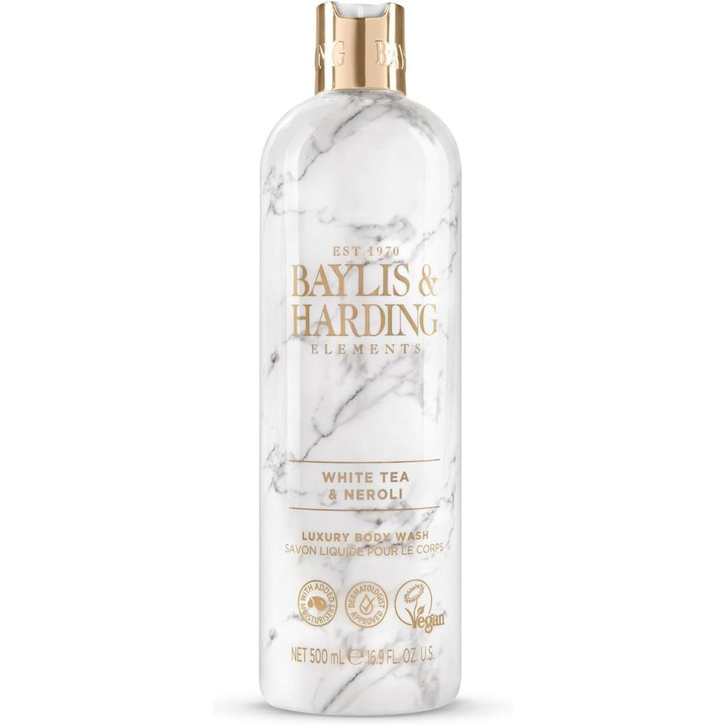 Luxury body wash bottle, white with marble pattern and gold cap