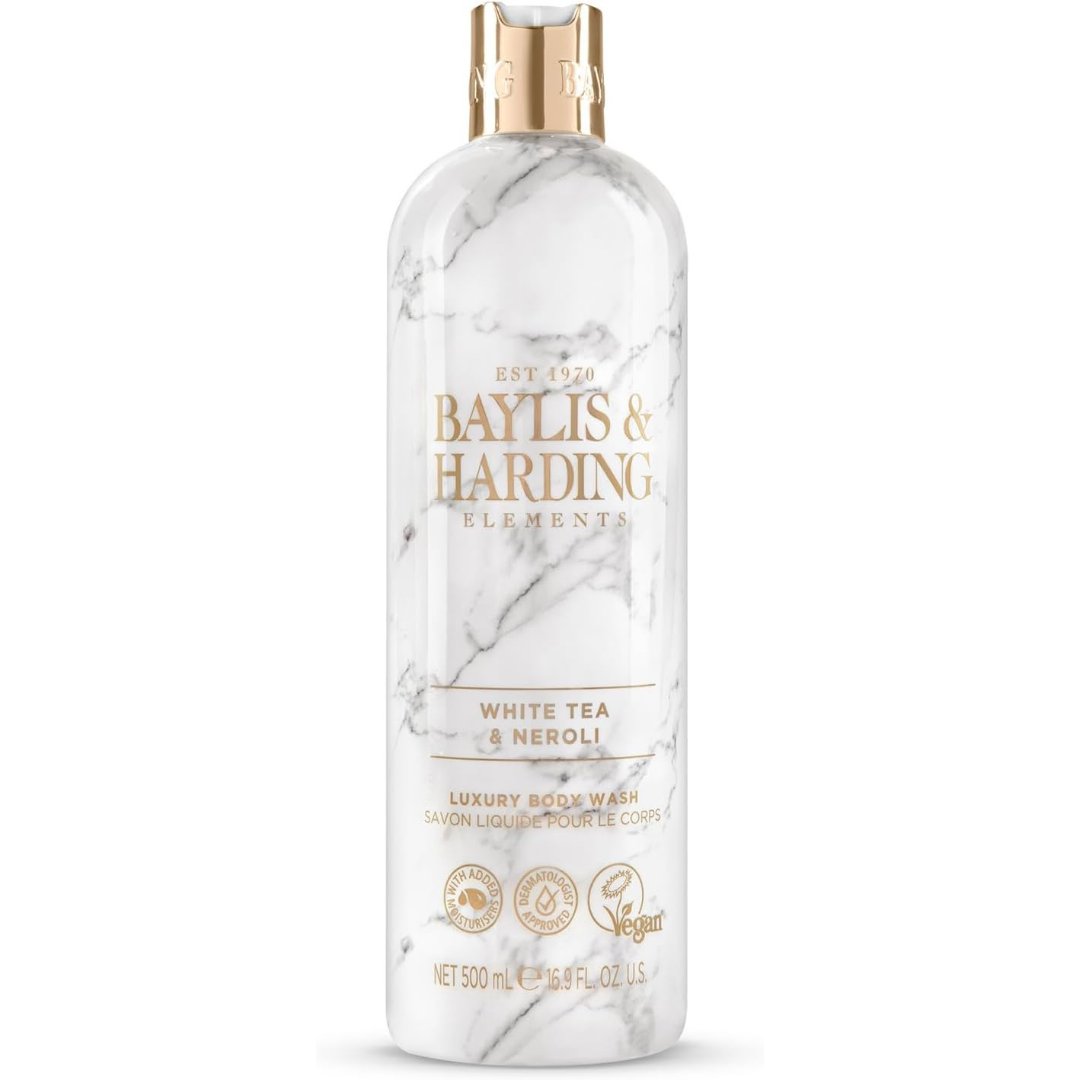 Luxury body wash bottle, white with marble pattern and gold cap
