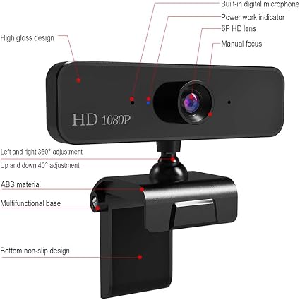 Black USB webcam with wide lens, built-in microphone, and adjustable clip mount