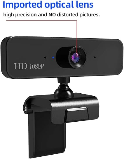 Black USB webcam with front lens and built-in microphone on adjustable clip mount