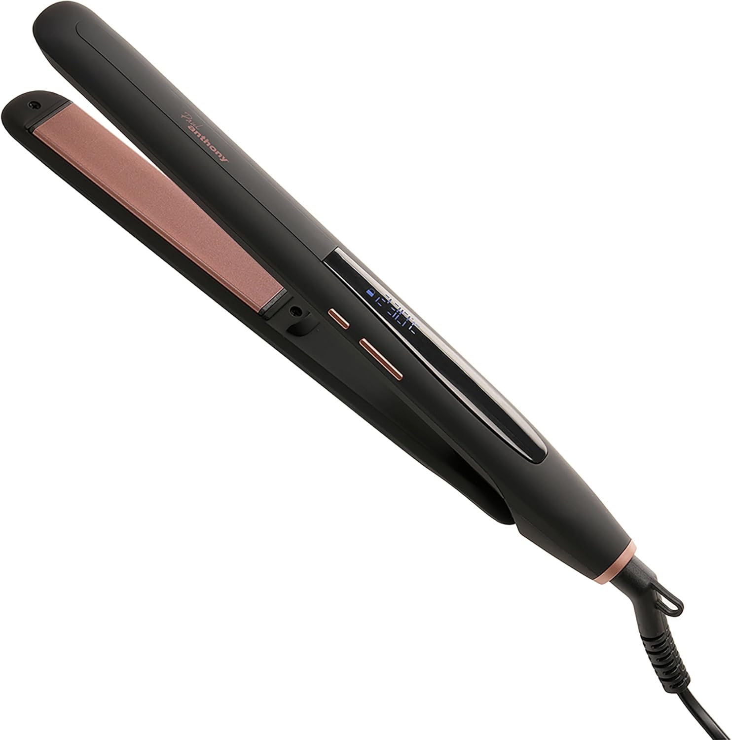 Black flat ceramic hair straightener with rose-gold heating accents on plates