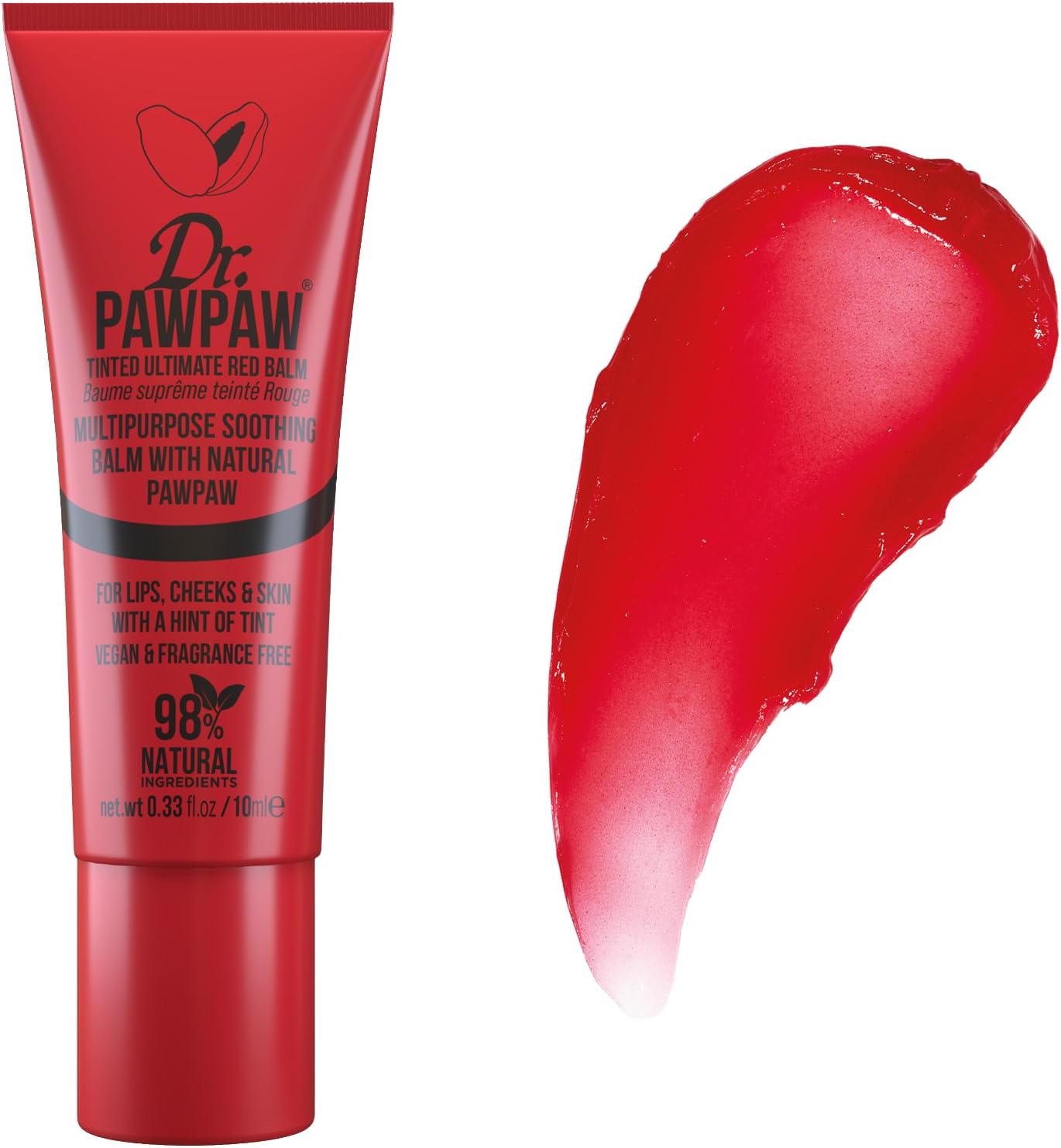 Tinted lip balm tube in deep red, with glossy red swatch on the side