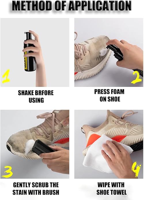 Shoe cleaner foam bottle with brush and shoe towel, method of application