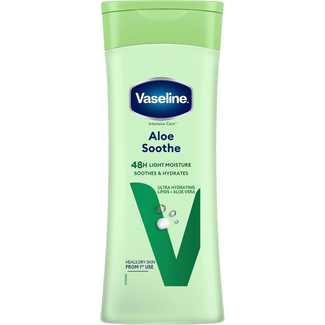 Vaseline Aloe Soothe body lotion in green squeeze bottle with flip-top cap