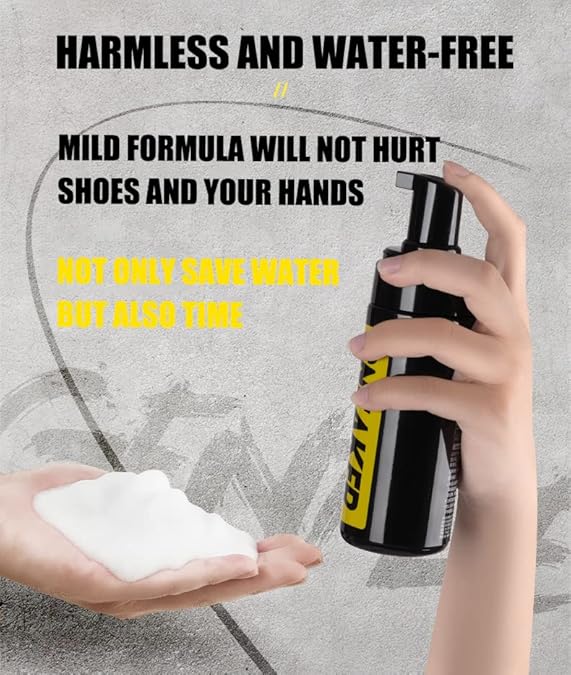Shoe cleaner foam spray bottle with foam in hands, water-free mild formula