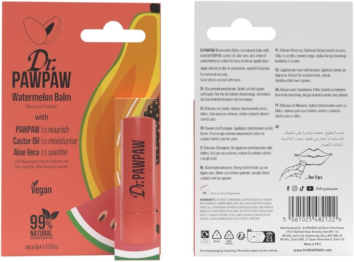 Dr.PawPaw watermelon balm stick with outer cardboard package and tube