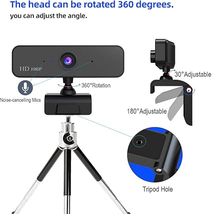 Black webcam with 360° rotating head and adjustable angle clip mount, tripod hole shown