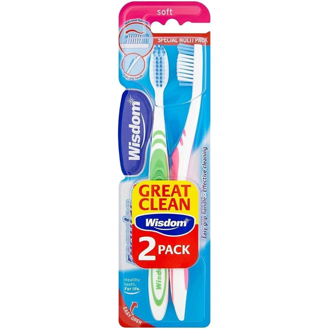 Wisdom Great Clean 2-pack soft toothbrushes, blue and white bristles
