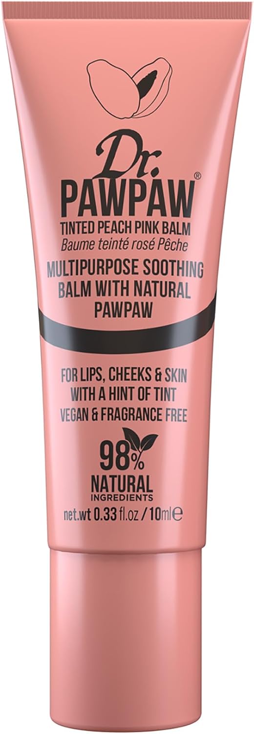Tinted peach pink lip balm tube, with 98% natural text and peach swatch