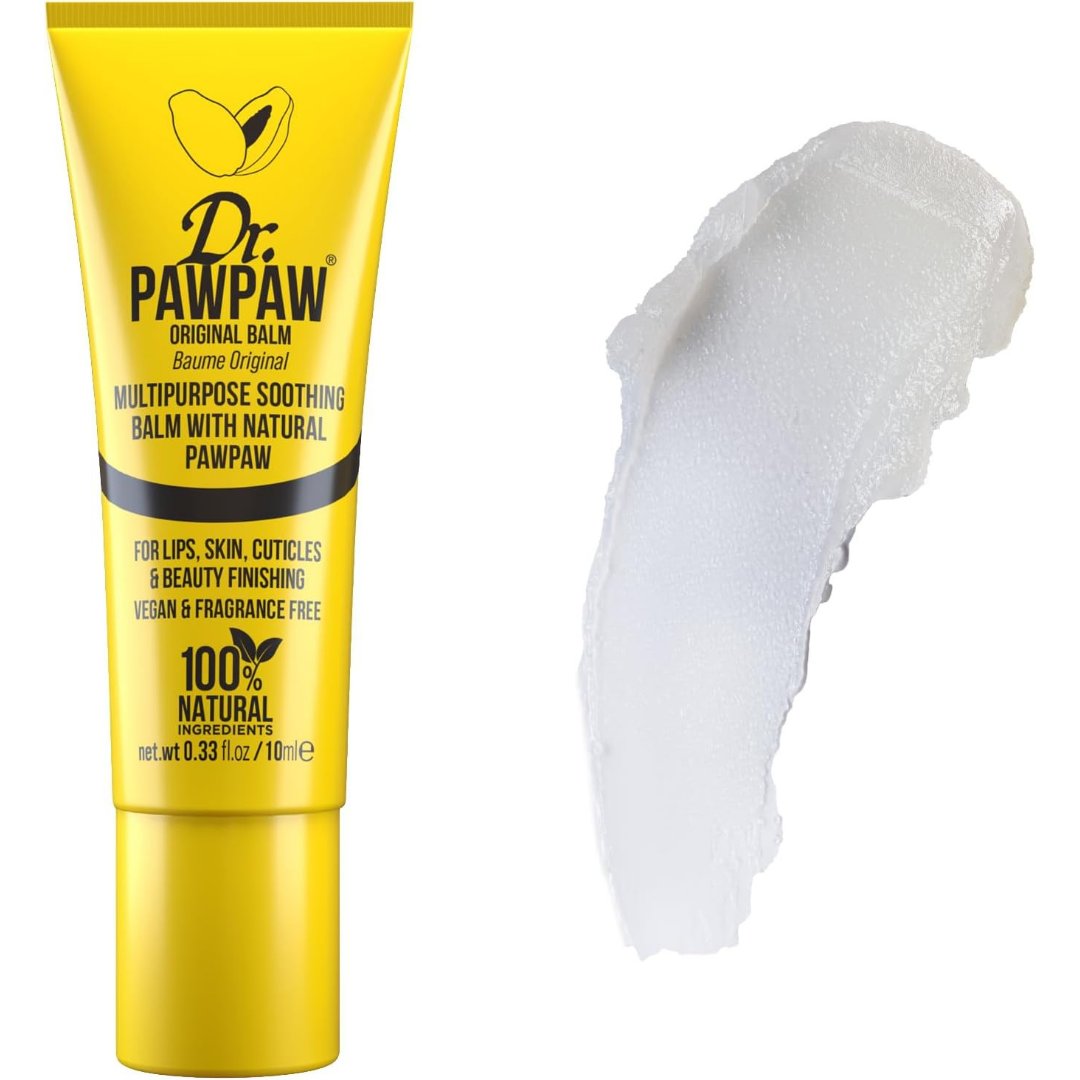 Original multipurpose balm tube, yellow capless squeeze tube with text label