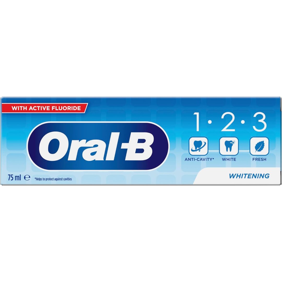Oral-B whitening toothpaste tube, 75 ml, with active fluoride, blue packaging