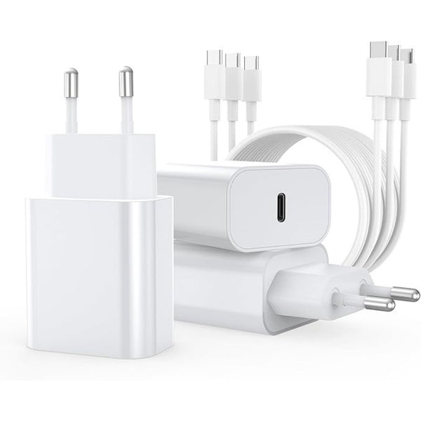 White USB-C power adapter with two-prong plug and USB-C cable