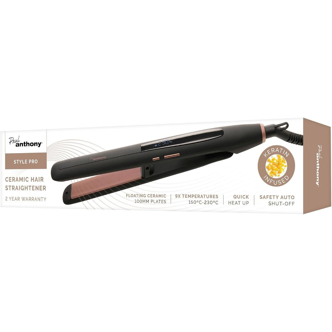 Paul Anthony StylePro hair straightener retail box with visible straightener