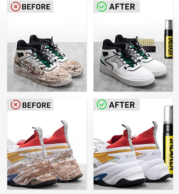 Two white sneakers being cleaned, with sneaker foam cleaner bottle