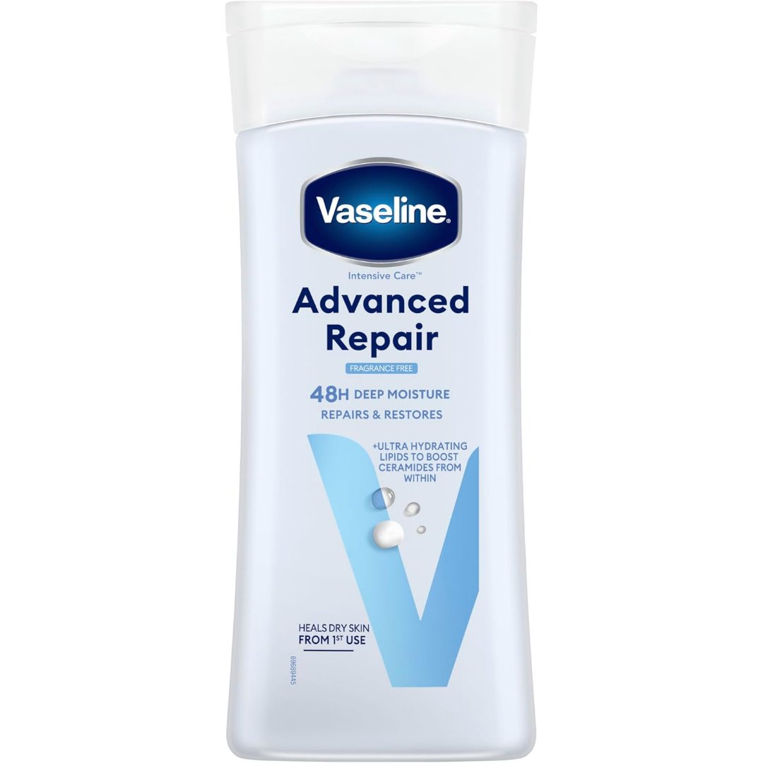 Unscented body lotion bottle with Vaseline Advanced Repair label, flip-top cap