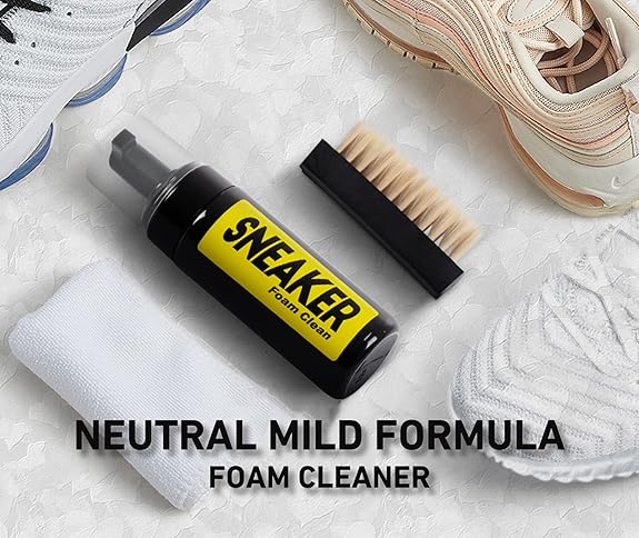 Water-free foam sneaker cleaner bottle with brush and cloth, neutral mild formula