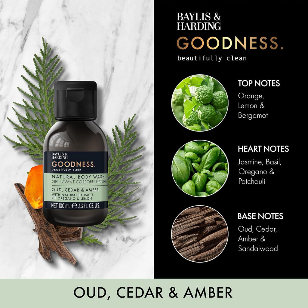 Body wash bottle with Oud, Cedar & Amber scent graphic and botanical circles