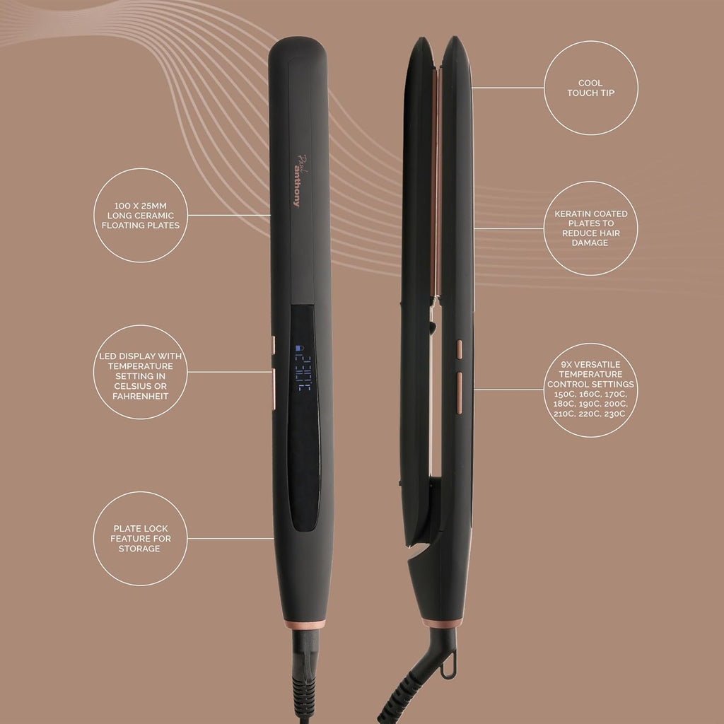 Black hair straightener with rose-gold accents and LED display, plates open