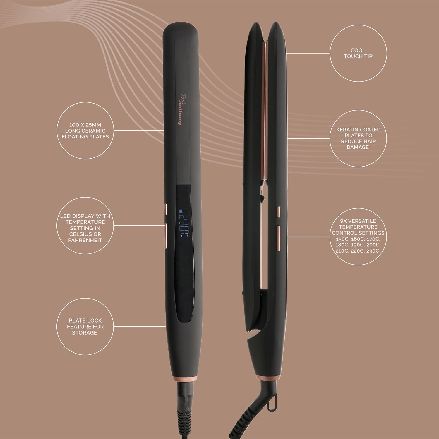 Black hair straightener with rose-gold accents and LED display, plates open