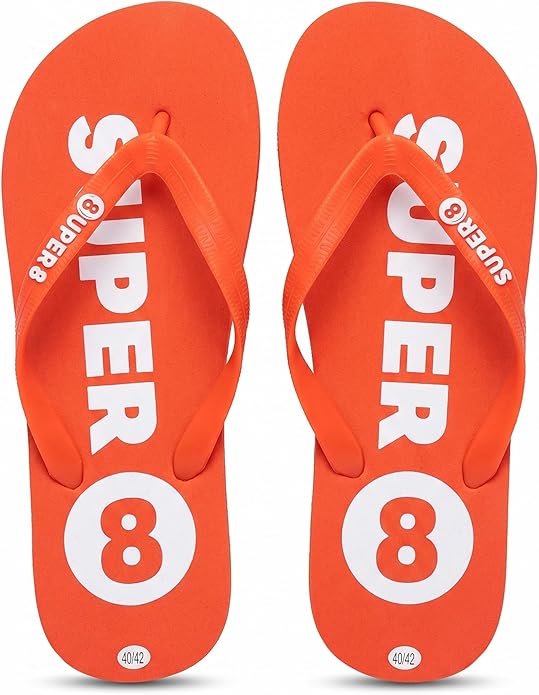 Red flip-flops with white SUPER 8 text on the straps and footbed.