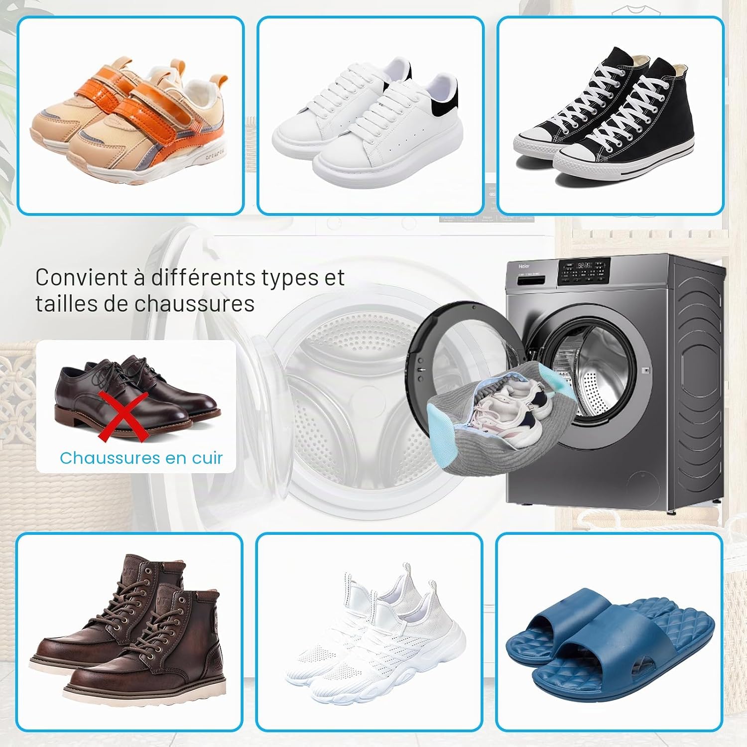 Reusable shoe washing bags for different shoes, shown in a washing machine with footwear.