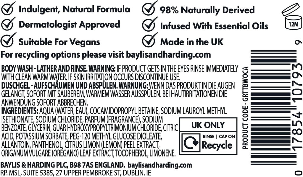 Body wash back label with ingredients and barcode