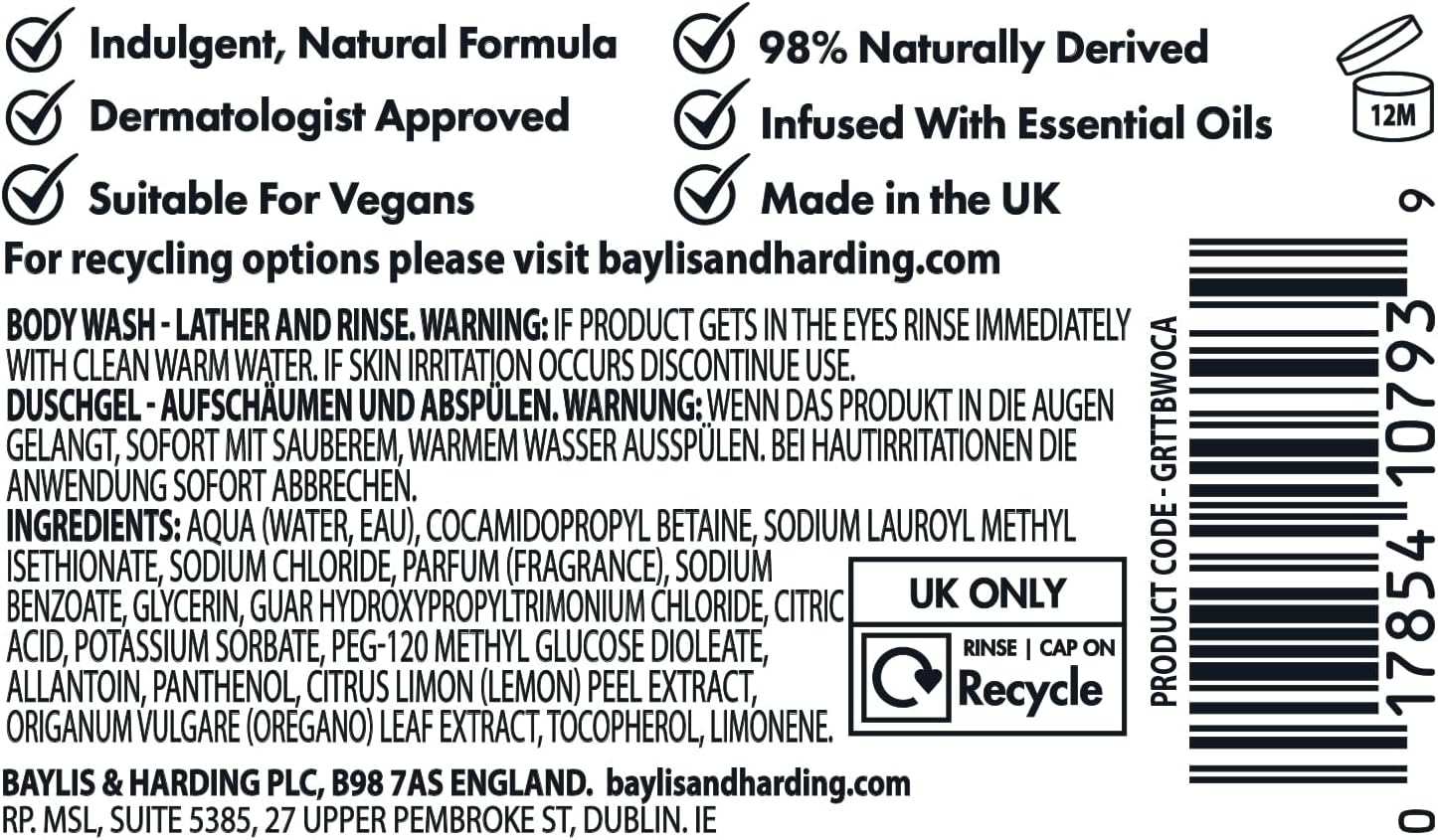 Body wash back label with ingredients and barcode