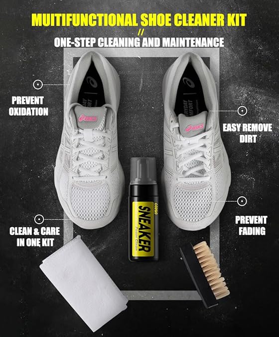 Multifunctional sneaker cleaning kit with cleaner bottle, brush, and white towel
