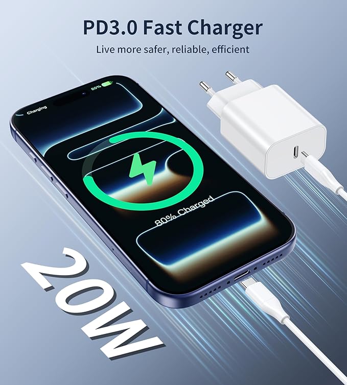White USB-C PD fast charger with two-pin plug and USB-C cable to phone