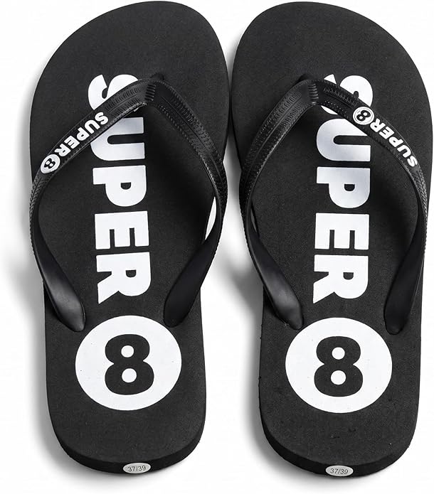 Black flip-flops with white SUPER 8 text on the straps and footbed.