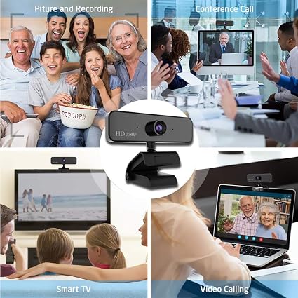 Black webcam with clip mount for video calling, shown attached to a laptop screen edge
