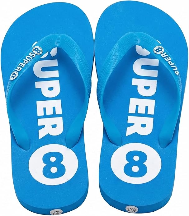 Blue flip-flops with white SUPER 8 text on the straps and footbed.