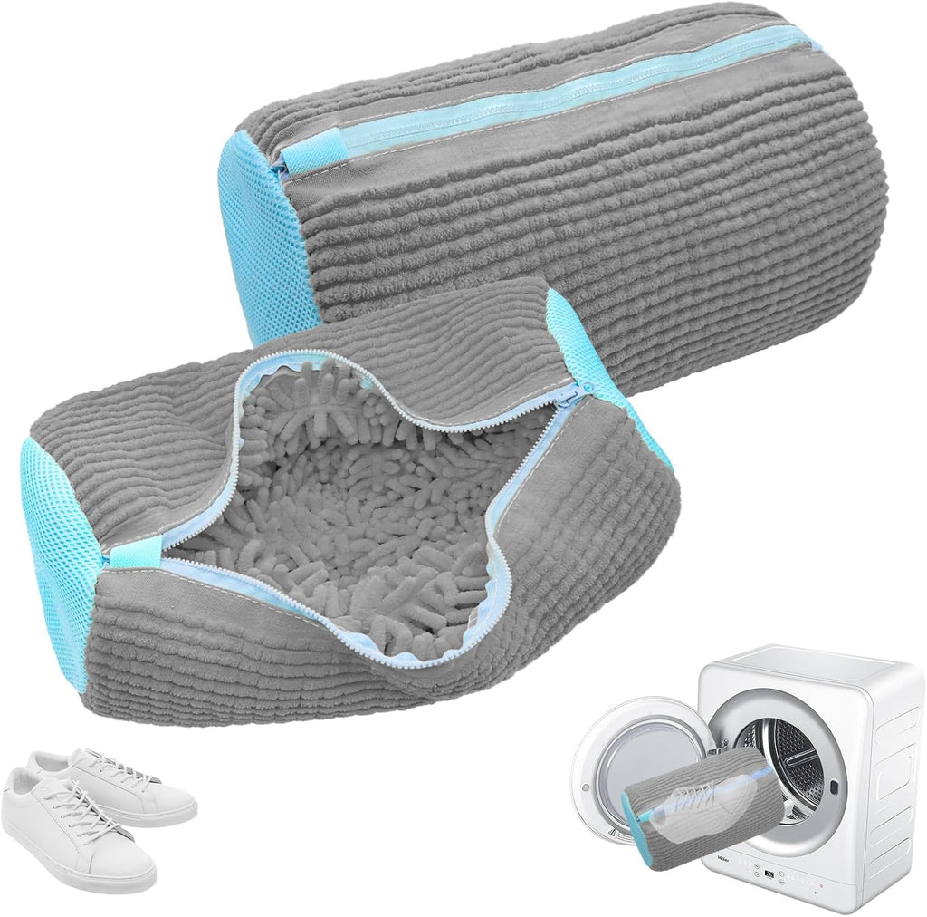Gray shoe washing bag with light blue edges, open zipper, microfiber interior for shoes.