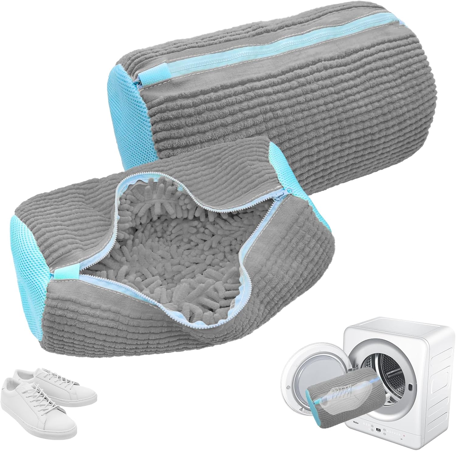 Gray shoe washing bag with light blue edges, open zipper, microfiber interior for shoes.