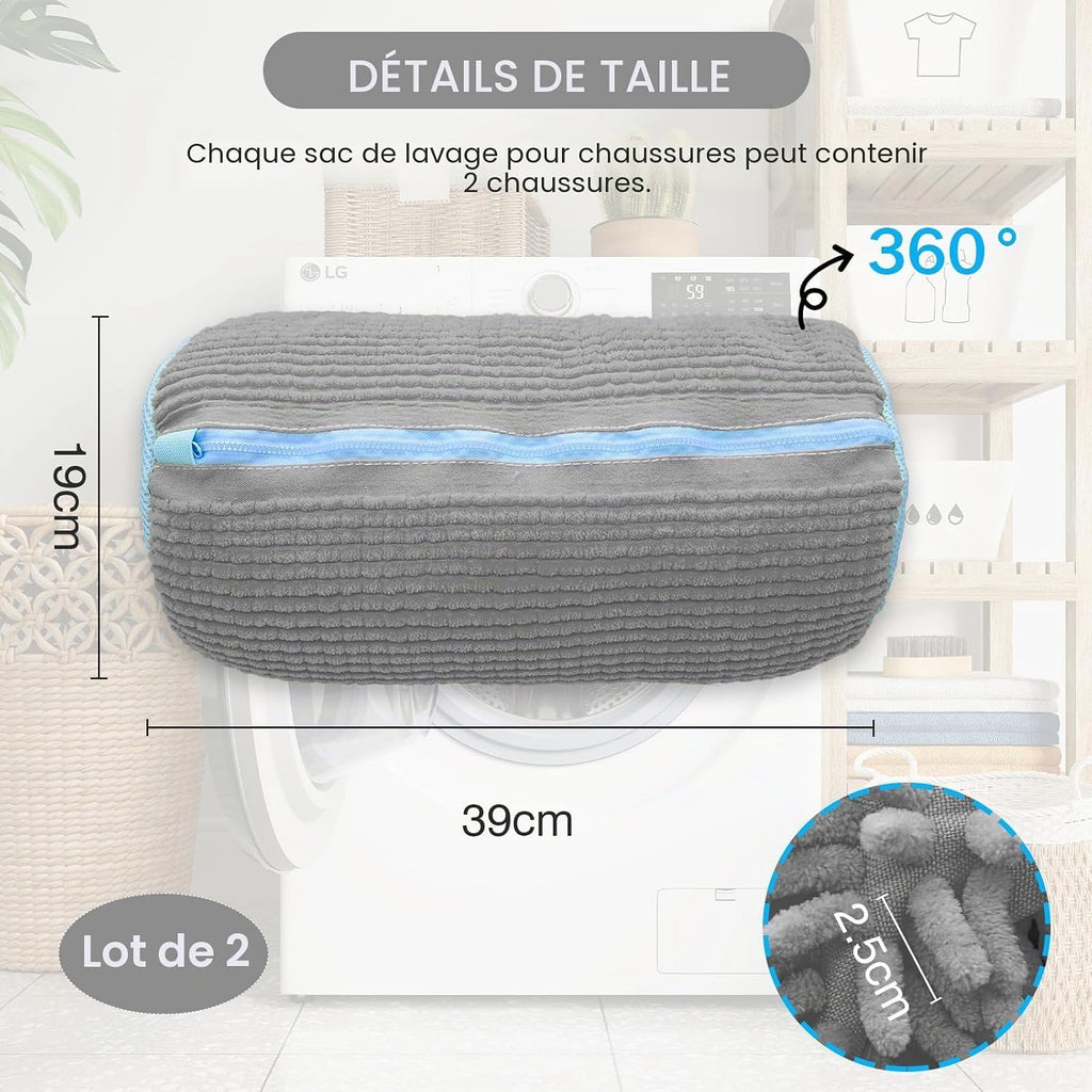 Gray reusable shoe washing bag with light blue trim, zip closure, 360° coverage.