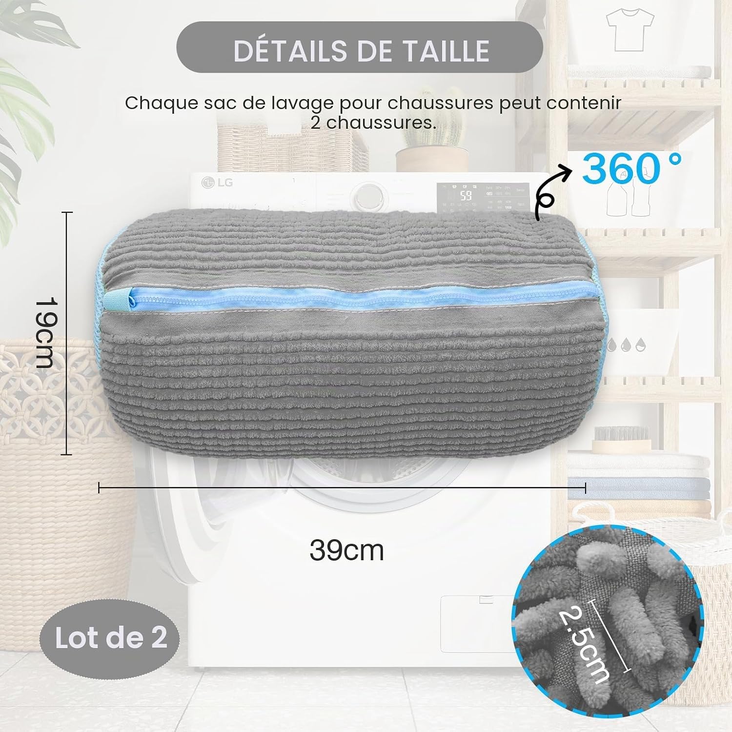 Gray reusable shoe washing bag with light blue trim, zip closure, 360° coverage.