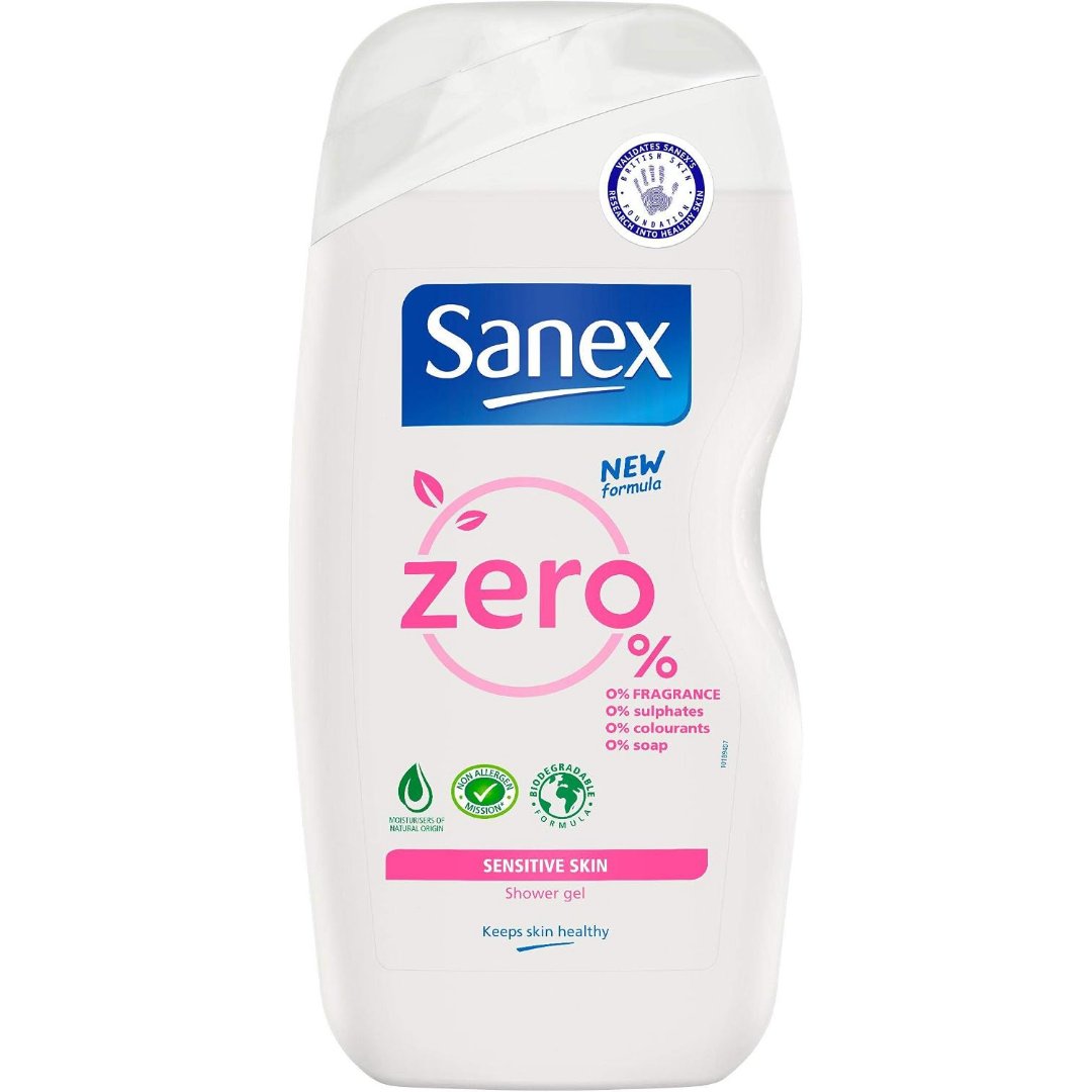 Sanex Zero% sensitive skin shower gel, white bottle with pink and blue label, 225ml