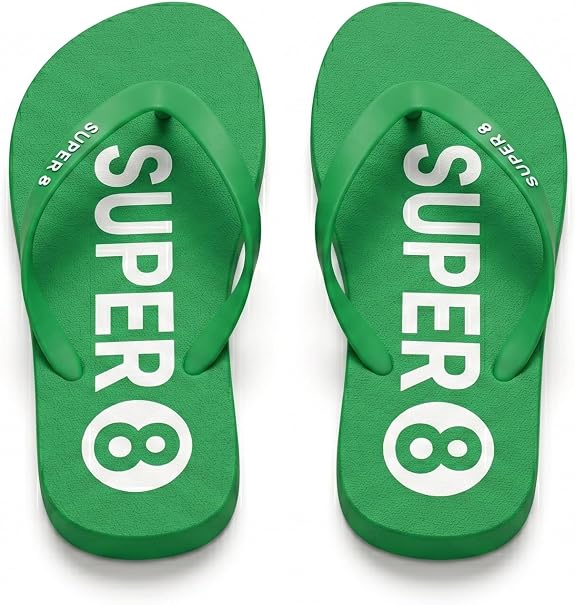 Green flip-flops with white SUPER 8 text on the straps and footbed.
