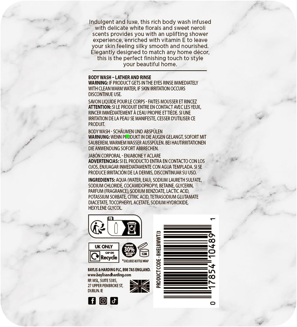 Luxury body wash bottle back label with barcode and recycling icons