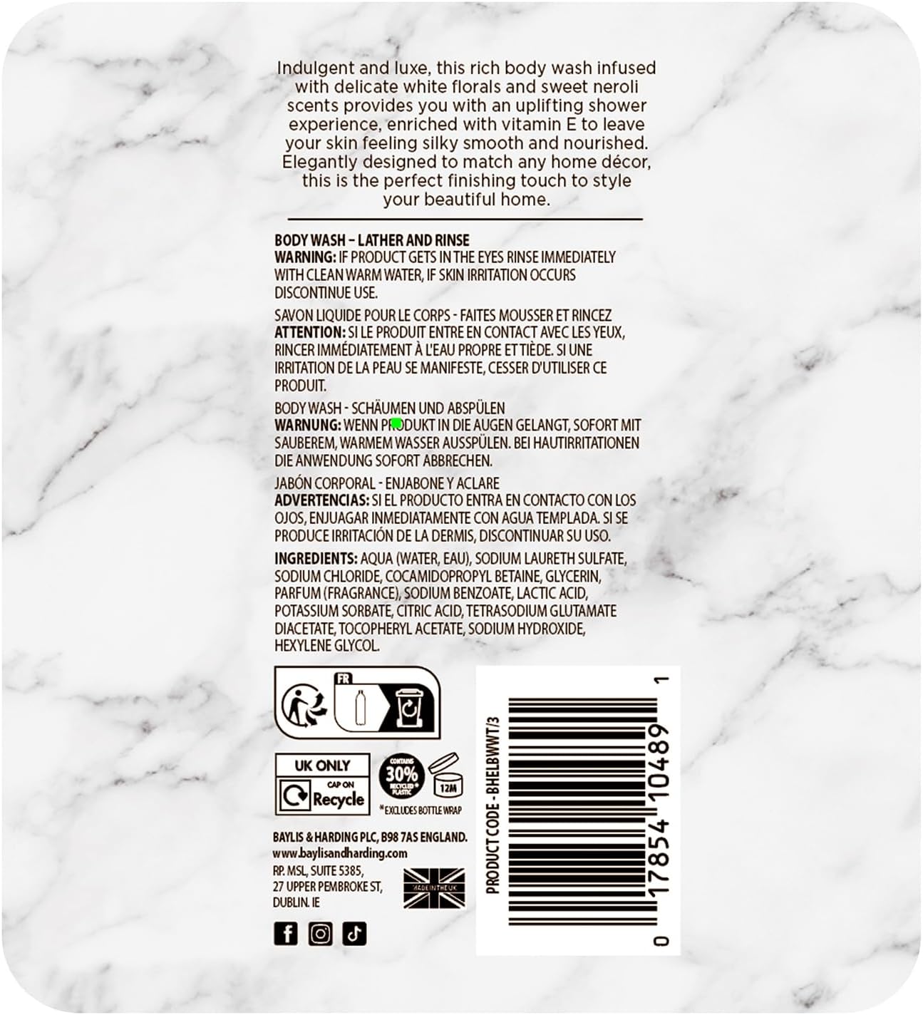 Luxury body wash bottle back label with barcode and recycling icons
