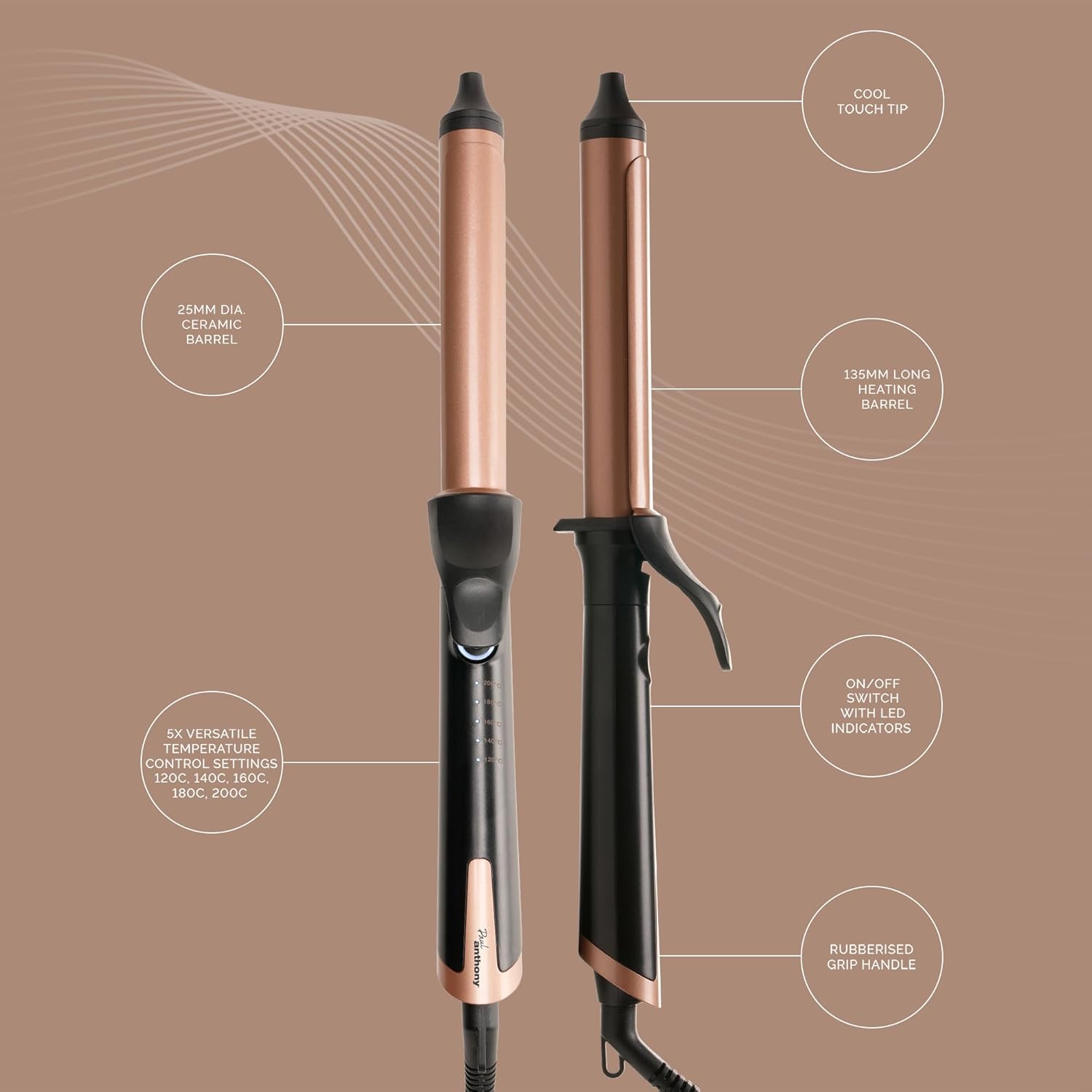 25mm curling tong with copper ceramic barrel and black insulated grip handles