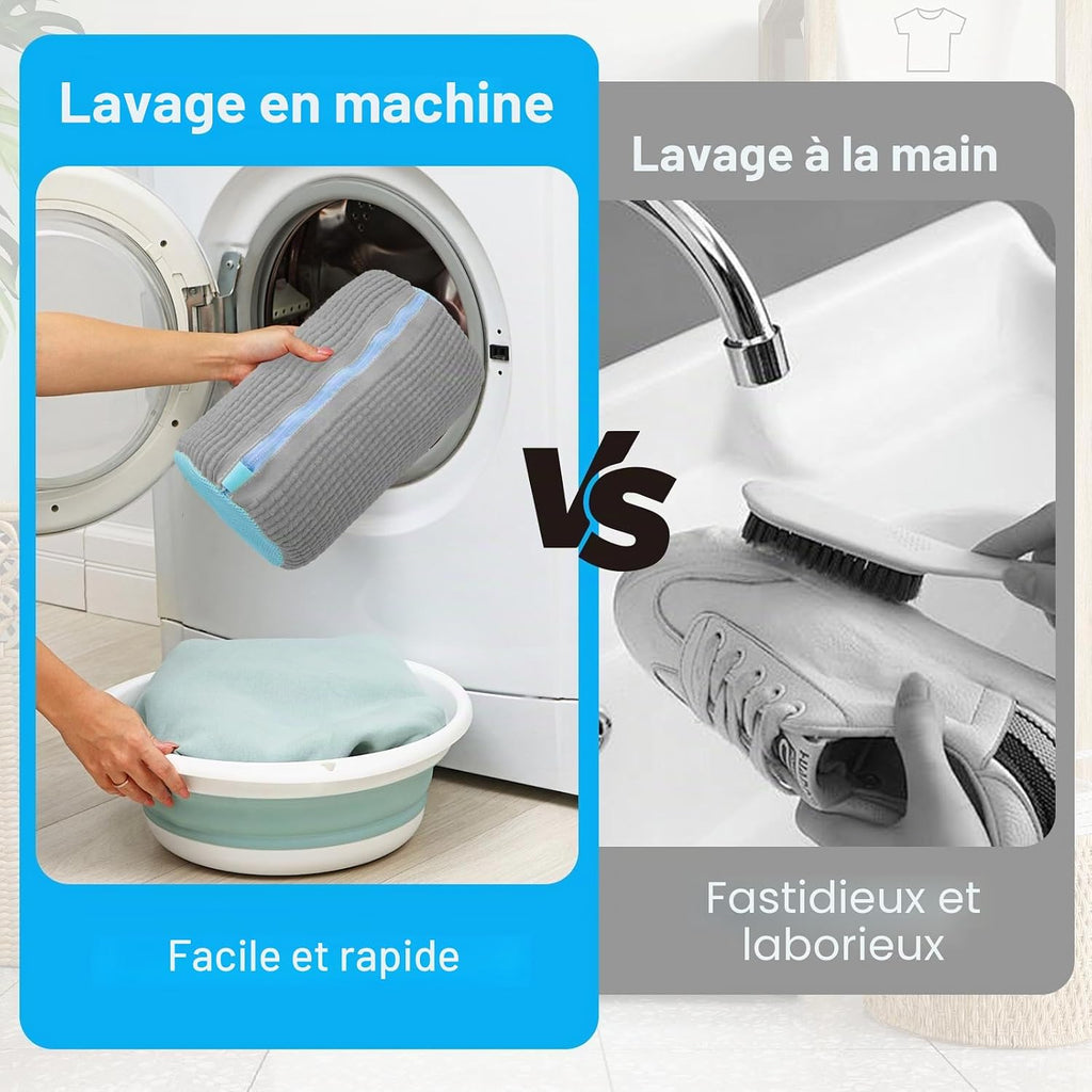 Reusable shoe washing bag, light blue-gray fabric, zip top, shown in washing machine.