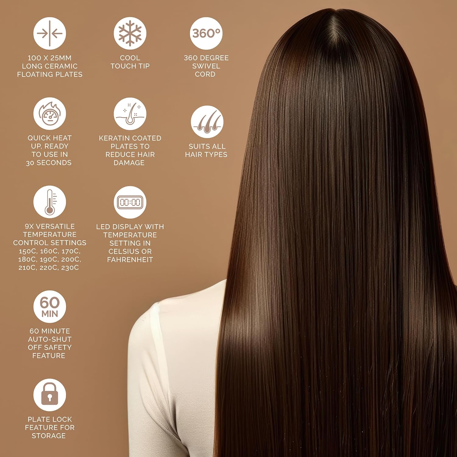 Hair straightening result with smooth dark strands and straightened shine