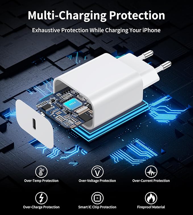 White USB-C wall charger with two-pin plug, multi-protection circuitry